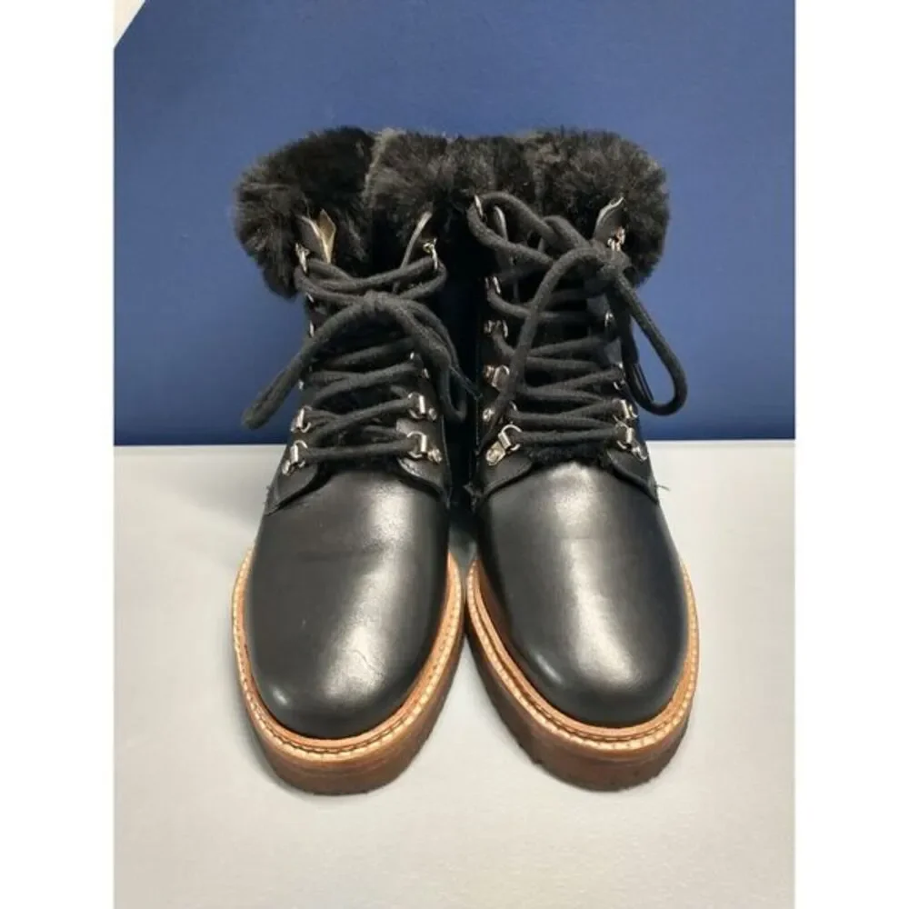 Botkier Winter Boots Womens Size 6 Black Leather Faux Fur Trim Round Toe Lace Up